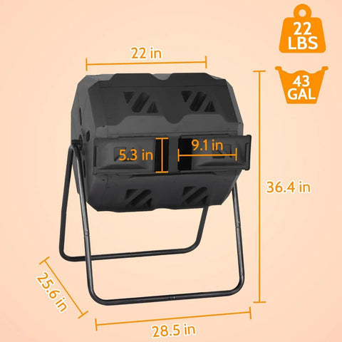 43 Gallon Dual Chamber Outdoor Compost Bin With Sliding Doors, Tumbling Rotating Composter with dimensions shown
