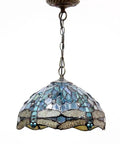 Sea Blue Stained Glass Dragonfly Tiffany Pendant Light Fixture With 12 Inch Shade And 24 Inch Chain, ceiling view