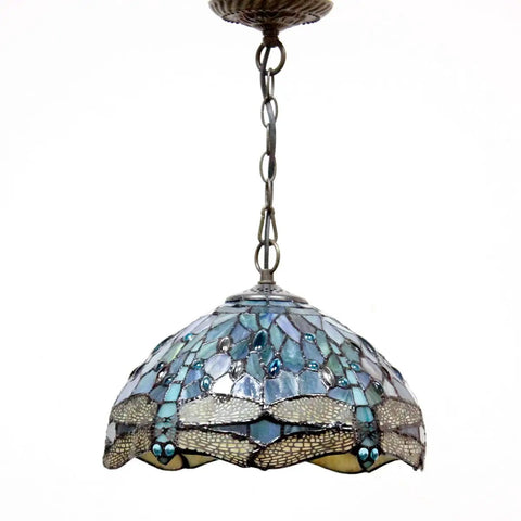 Sea Blue Stained Glass Dragonfly Tiffany Pendant Light Fixture With 12 Inch Shade And 24 Inch Chain, ceiling view