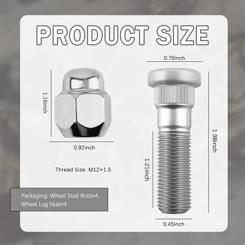 Premium 4 Set M12x1.5 Wheel Bolt And Lug Nut Upgrade Kit For Hyundai Tucson Azera Veloster Santa Fe Elantra Kia Replacement Studs That Fix Your Ride Smoothly Without Duds Or Glitches In The Drive Today., M12x1.5 steel lug nut and wheel stud set with size measurements