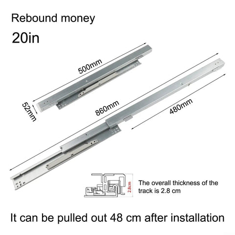 Undermount Drawer Slides Soft Close Floor Mounted 500mm Full Extension Steel Runners for Home Cabinets, diagram with measurements