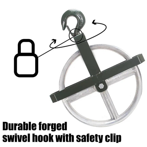 12 Inch Aluminum Scaffold Hoist Pulley With Dual Sealed Bearings, 1000 Lb Working Load, swivel hook and safety clip shown