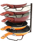 Keep Your Cookware On Deck With This Heavy Duty Pan Organizer Rack Bronze Finish Free Standing Lid Holder Metal Shelf For Cabinets Counters Effortless Setup, four frying pans organized.