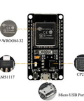 Dual Mode 2.4GHz WiFi and Bluetooth Development Board with Integrated Antenna, ESP32 chip, micro USB port, ideal for DIYers