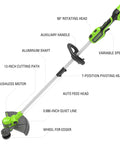Gutsy Cordless String Trimmer And Lawn Edger With Brushless Motor Delivering Raw Torque Plus 13 Inch Cutting Path Two In One Setup And 24V 4 AH Battery Yanking Stubborn Weeds Without Breaking A Sweat, featuring aluminum shaft and variable speed.