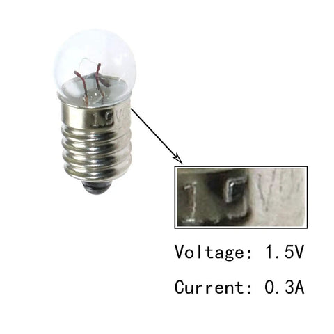 E10 mini bulb close-up showing slick screw base and markings; Pack Of Ten Heavy Duty E10 Mini Bulbs Featuring Slick Screw Bases Emitting A Sweet Warm Yellow Ray At 1.5 Volts.