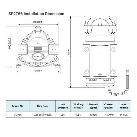 SP2766 installation dimensions for 75 GPD Self Priming RO Water Booster Pump For Zero Pressure Reverse Osmosis and Well or Storage Tank.
