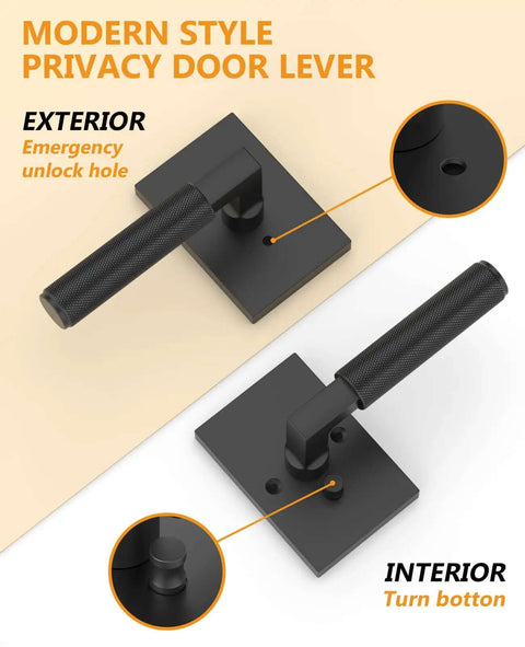 Modern style black privacy door lever set with keyless interior lock, showing emergency unlock hole and interior turn button.