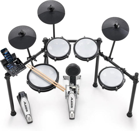Alesis drum kit with cymbals and pedals viewed from above.