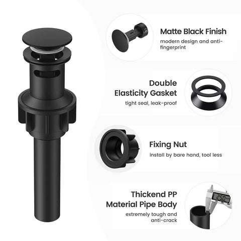 Matte Black Bathroom Sink Stopper With Overflow For Vessel And Vanity Sinks, Rapid Draining Plastic Pop Up Drain With Hair Catcher Anti Clog Strainer, Fits 1.75 Inch Drain Hole, 0.8 To 1.9 Inch Sink Thickness, Easy Install showcasing matte finish and gasket features