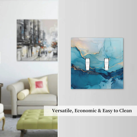 Blue And Gold Marble Texture Double Gang Toggle Light Switch Cover With Elegant Wall Plating showcased in a living room.