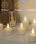 Flameless Rechargeable Tea Lights With Remote Timer LED Battery Operated Flickering Candles with remote on table.