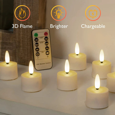Flameless Rechargeable Tea Lights With Remote Timer LED Battery Operated Flickering Candles with remote on table.