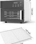 Durable 4 Layer Stainless Steel Electric Food Dehydrator With Smart Temp Gauge, showing dimensions and removable rack.