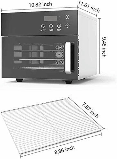 Durable 4 Layer Stainless Steel Electric Food Dehydrator With Smart Temp Gauge, showing dimensions and removable rack.