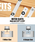 Diagram showing T-shaped and U-shaped miter slots for Table Saw Miter Gauge System With 27 Angle Stops 3/4 By 3/8 T-Slotted Miter Bar And 24 By 3 Inch Pro Grade Multi T-Track Fence With Scale And T-Track Flip Stop For Precise Crosscuts.