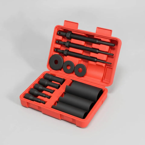 Hefty 14 Piece Inner Bearing Removal Puller Tool Kit For Grease Monkeys And Home Shed Builders With Red Carrying Case Designed For Tough Motorcycle Repairs Or Heavy Duty Service Work On Your Rig With Reliable Performance Every Single Day. 14-piece steel bearing puller kit in red case