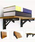 Pair Of Heavy Duty Folding Shelf Brackets, Rock-Solid No-Fuss Triangle Wall Mounted Brackets with books on wooden shelf