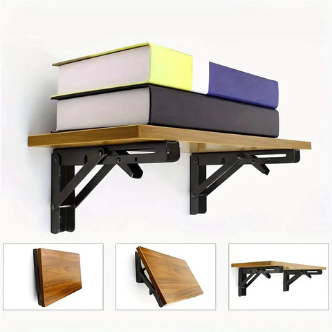 Pair Of Heavy Duty Folding Shelf Brackets, Rock-Solid No-Fuss Triangle Wall Mounted Brackets with books on wooden shelf
