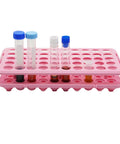 Pink 50 Hole Plastic Test Tube Rack With Silicone Pad Bottom Detachable Holder For 5ml 10ml And 15ml Centrifuge Tubes 18mm Hole Diameter Lab Organizer For Secure Tube Storage with filled tubes