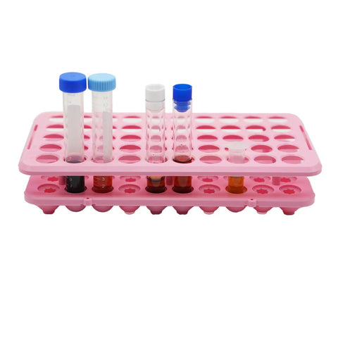 Pink 50 Hole Plastic Test Tube Rack With Silicone Pad Bottom Detachable Holder For 5ml 10ml And 15ml Centrifuge Tubes 18mm Hole Diameter Lab Organizer For Secure Tube Storage with filled tubes