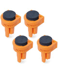 Four Piece Bench Dogs For 3/4 Inch Holes With EVA Insert Beefy Heavy Duty Non Marring Secure Hold For Woodworking Workbench And MFT Table Portable Workbench Use Great For DIY Projects And Precise Cuts. Visible: Four orange bench dogs with black EVA inserts.