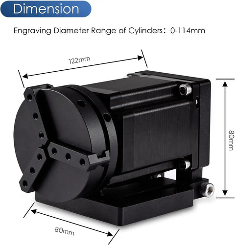 D70 Pro-Grade Rotary Axis Attachment with 70mm shaft, 3 jaw chuck, dimensions 80x122mm, for fiber laser engravers