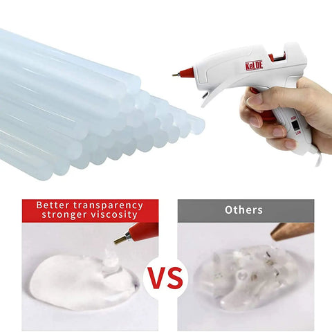 20W Dual Temperature Hot Glue Gun Kit With AntiDrip Long Fine Tip And 25 Glue Sticks For Precision Pro Grade DIY Crafts Jewelry Repairs And Hobby Projects UL Certified in use, showing enhanced transparency and viscosity of glue compared to others.