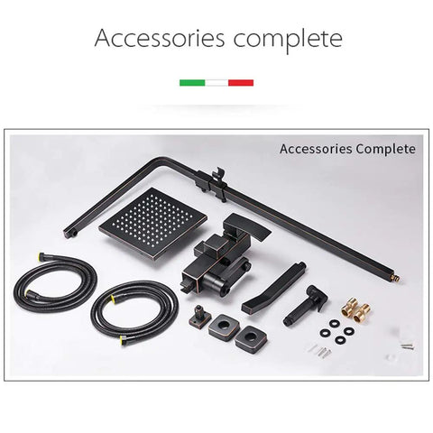 Accessories complete for UMJIGF Shower System with Hot and Cold Water Black Shower Faucet Set, including shower head and hoses.