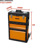 Three Tier Stackable Tool Box Set On Wheels With Extendable Handle Portable Rolling Hand Case Cart Durable Orange Storage Organizer For Garage Or Job Site 633mm By 490mm By 230mm
