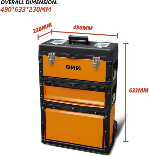 Three Tier Stackable Tool Box Set On Wheels With Extendable Handle Portable Rolling Hand Case Cart Durable Orange Storage Organizer For Garage Or Job Site 633mm By 490mm By 230mm