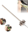 Side view of stainless steel scallion cutter with long handle and star-shaped blade for chopping onions and leeks.