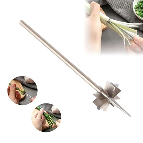 Side view of stainless steel scallion cutter with long handle and star-shaped blade for chopping onions and leeks.