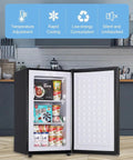 Compact 3.2 Cu Ft Upright Mini Freezer With Smooth Glide Shelves For Stashing Frozen Meats And Beverages In Tight Squeeze Apartments Or Offices Without Any Fuss Or Hassle, showing frozen goods and removable bins.