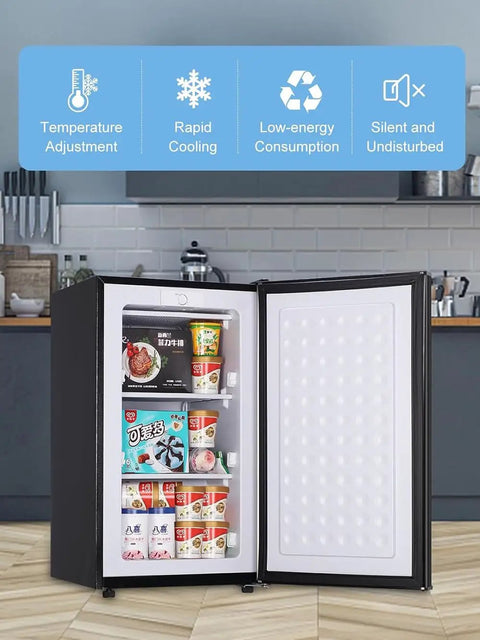 Compact 3.2 Cu Ft Upright Mini Freezer With Smooth Glide Shelves For Stashing Frozen Meats And Beverages In Tight Squeeze Apartments Or Offices Without Any Fuss Or Hassle, showing frozen goods and removable bins.