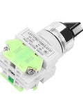 Hella Durable 3 Position Maintained Selector Switch For Industrial Builds Rock Solid Self Locking 2NO Plus 1NC Wiring Medium Low Voltage Electrical Rig Setup, rotary switch with silver dial and green accents.