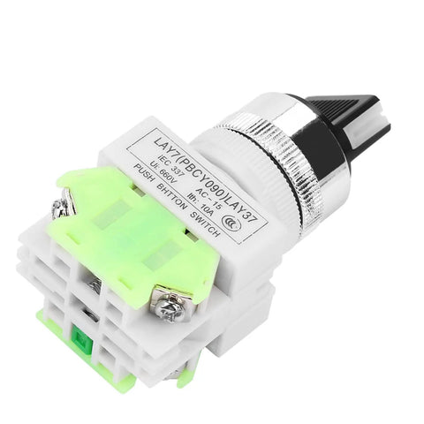 Hella Durable 3 Position Maintained Selector Switch For Industrial Builds Rock Solid Self Locking 2NO Plus 1NC Wiring Medium Low Voltage Electrical Rig Setup, rotary switch with silver dial and green accents.