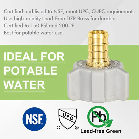 Ten Pack PEX Swivel Adapter Fittings One Half Inch Female NPT Brass Lead Free Full Port Barbed For PEX Plumbing NSF ANSI 61 Certified ASTM F1807 For Home And Commercial Plumbing Pro Grade DIY Friendly lead-free brass PEX adapter for potable water