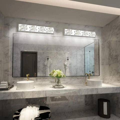 Four Light Crystal Vanity Light Bar Over Mirror Modern LED Bathroom Fixture 5500K White 24W 27.6 Inch Long 4.3 Inch Wide 4.5 Inch Extension Stainless Steel With K9 Crystal For Bright Bath Vanity Lighting