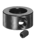 Set-screw shaft collar, 8mm ID, 14mm OD, black metal with hex screw, front view