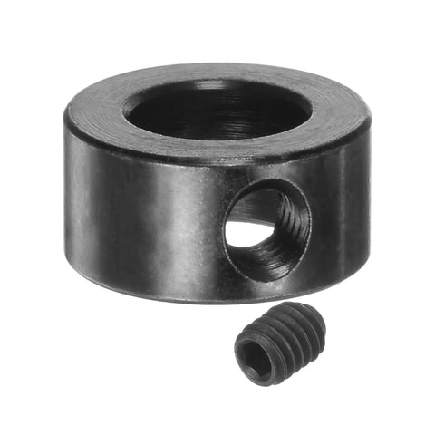 Set-screw shaft collar, 8mm ID, 14mm OD, black metal with hex screw, front view