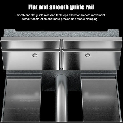 Close-up of heavy duty precision cross slide drill press vise guide rail showcasing smooth movement for accurate clamping.
