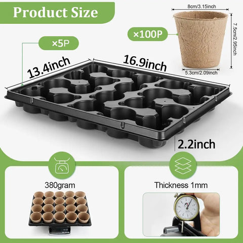 3.15 Inch Biodegradable Peat Pots 100 Count With 5 20 Cell Seedling Trays And Drainage Propagation Kit For Home Grow Seed Starting And Easy Garden Propagation