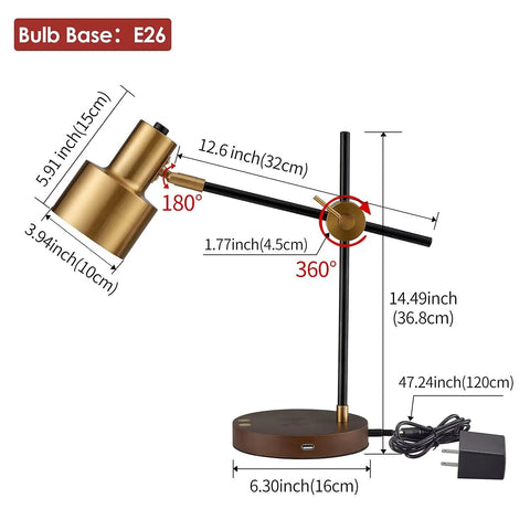 Sleek Desk Lamp With Wireless Charging And USB Port Swing Arm Brass Metal And Wood, detailed measurements and bulb base E26 shown