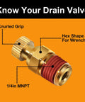Three Pack Brass Air Tank Drain Cocks With Knurled Ends And Thumb Screw Handles, One Quarter Inch NPT Male Replacement Valves