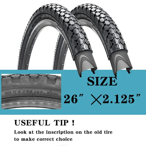 Two Pack Beach Cruiser Bike Tires 26x2.125 with Inner Tubes and Levers, wear resistant, durable rubber, close-up tread design