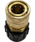 Front view of brass replacement QC socket for pressure washer pumps, female M22, gold with black collar
