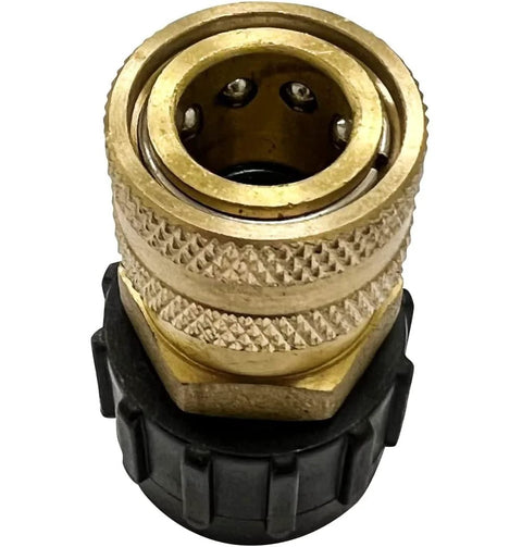 Front view of brass replacement QC socket for pressure washer pumps, female M22, gold with black collar