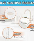 Diagram showing Porcelain Repair Kit For Tub And Tile With Dope Adhesion And Waterproof Sealant repairing chips, cracks, and holes.
