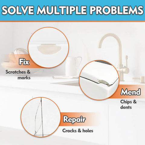 Diagram showing Porcelain Repair Kit For Tub And Tile With Dope Adhesion And Waterproof Sealant repairing chips, cracks, and holes.
